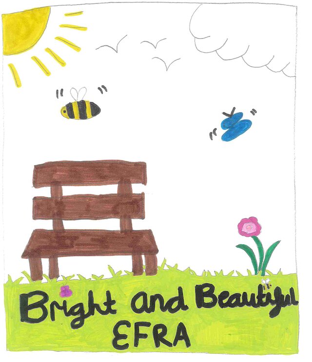 A child's drawing of a bench, a flower, a bee and a butterfly in the sunshine, titled Bright and Beautiful EFRA